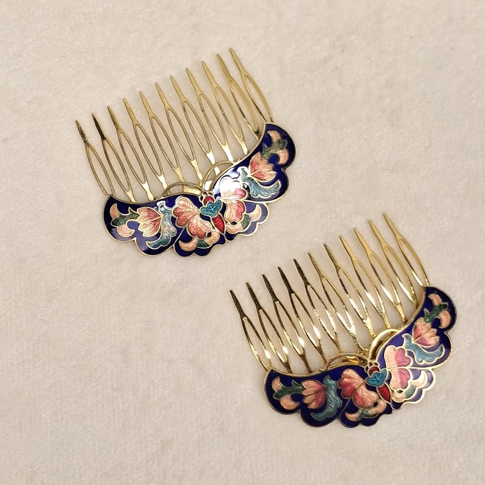Cloisonne Butterfly Metal Hair Combs Vintage Colorful Gold Tone